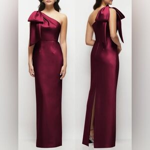 NEW Alfred Sung Bow Detail One-Shoulder Satin Twill Column Gown Sz 4 Cabernet